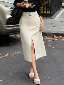 minisummer Women's Autumn High Waist Mid-Length Skirt With Belt, Front Slit Pockets, Elegant Straight Commuter Office Skirt - Apricot - View 6