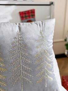 1件灰色聖誕樹刺繡枕套，適合室內裝飾、聖誕裝飾，四季通用，不含枕芯 - 灰色 - 查看 5