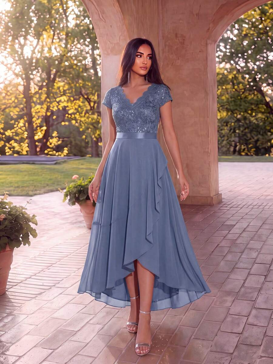 EVERPRETTY Gaun Pengantin Wanita untuk Ibu Pengantin, Gaun Malam Berpayet, Renda, Chiffon, Leher V, Patchwork, Belahan, Hem Tinggi-Rendah, Cocok untuk Acara Pernikahan Semi-Formal - Dusty Blue - View 1