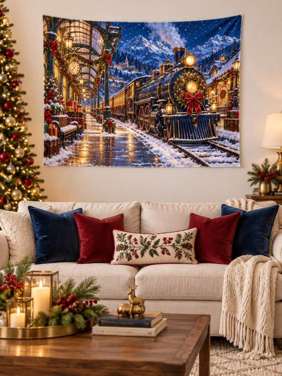 1PC Starlight Christmas Express Horizontal Wall Tapestry, Vintage Snowy Train Station Holiday Backdrop, Faux Ultra-Soft Polyester Single-Sided Print, White Overlock Edge, Multiple Sizes - Multicolor - View 1