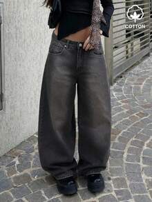 MYOURSA High Waist Street Style Campus Outfit Y2K Loose Wide Leg Denim Jeans For Women - Black - View 5