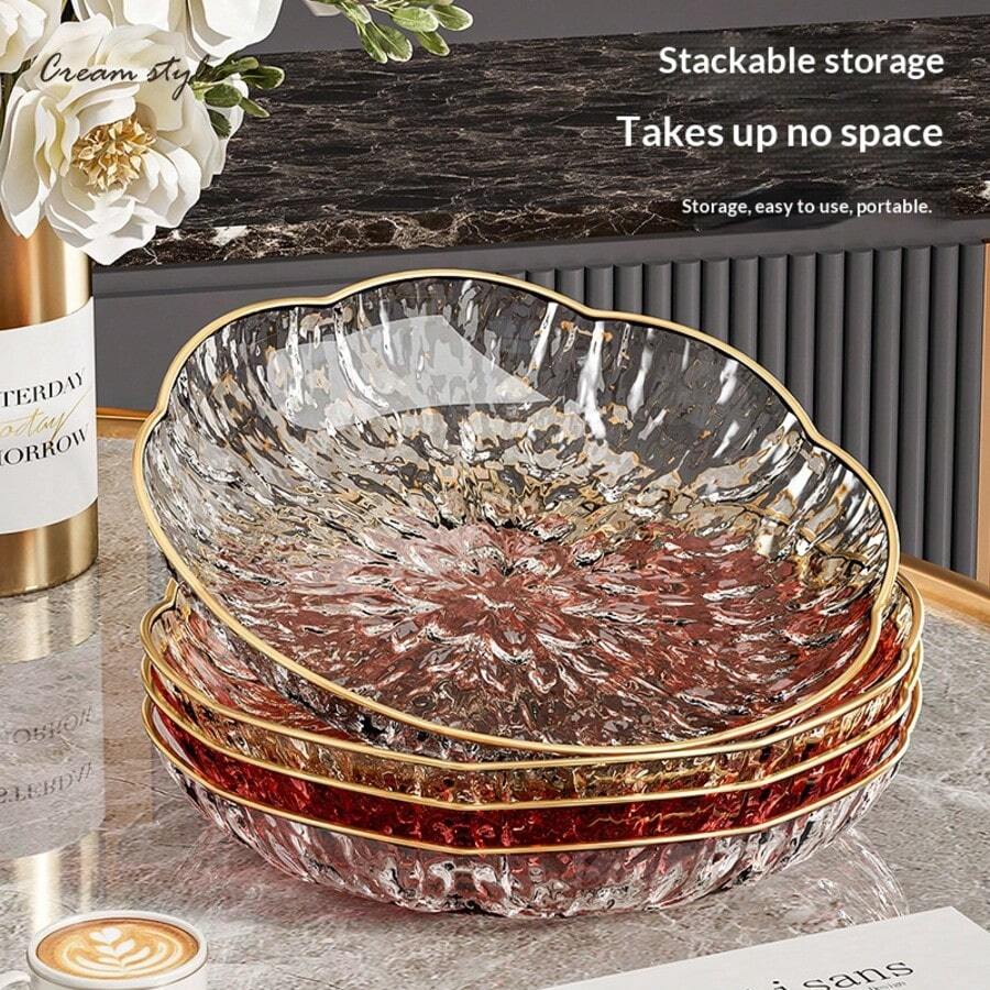 1pc High-End Transparent Gold-Rimmed Flower-Shaped Fruit Bowl, Large Capacity Luxury Home Living Room Snack Dessert Candy Basket - Multicolor - View 1