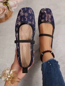 Square Toe Floral Lace Mesh Women's Flat Mary Jane Ballet Shoes, Fashionable, Comfortable, Breathable, Slip-On, Suitable For Casual/Work, Gentle And Elegant - Navy Blue - View 2