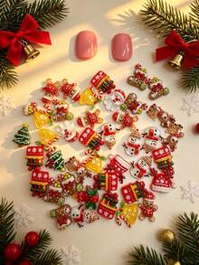 Autumn Christmas Series Cartoon Resin Nail Art Charms, Styles Include Santa Claus, Christmas Tree, Snowman And More, Randomly Assorted, Random Colors, 100pcs/30pcs Total, DIY Wearable Nail Accessories For Girls - Multicolor - View 6