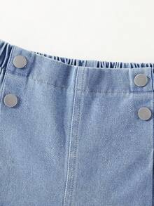 1pc Girls Casual Wide Leg Straight Leg Button Denim Jeans, Fashionable Blue, Fitted Size, Please Order One Size Up For Loose Fit - Medium Wash - View 3