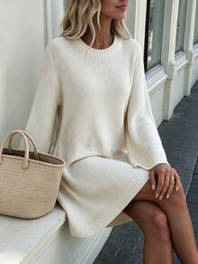 Rusttydustty Women's Textured Flared Long Sleeve Apricot Knit Dress, Suitable For Autumn/Winter Daily Wear, Autumn Dress, Autumn Fashion Sweater Season - Beige - View 5