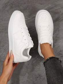 Women Solid White Lace‑Up Casual Sneakers, Stitching Detail Flat Board Shoes - White - View 1