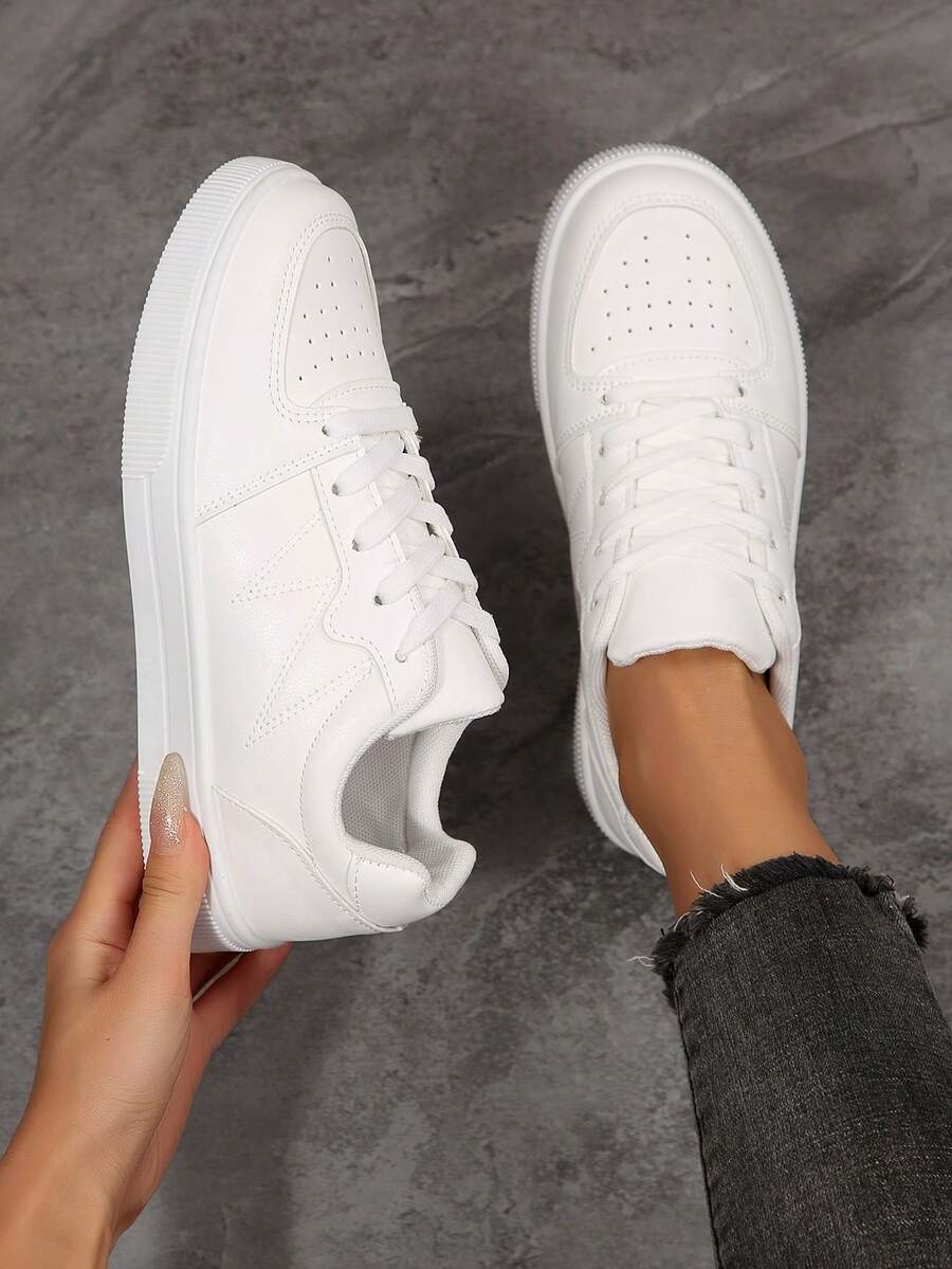 Women Solid White Lace‑Up Casual Sneakers, Stitching Detail Flat Board Shoes - White - View 1
