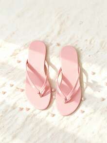 Minimalist Pink Glossy Flip Flops Women's Summer Outdoor Flat Slippers Beach Holiday Sandals - Pink - View 6