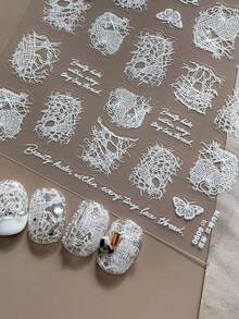 1Sheet White Thin‑Flexible Lace Butterfly Nail Art Stickers, Hollow‑Out Lace & Cursive Quote Text Decals, Nail Supplies For DIY Manicure Decor - White - View 1