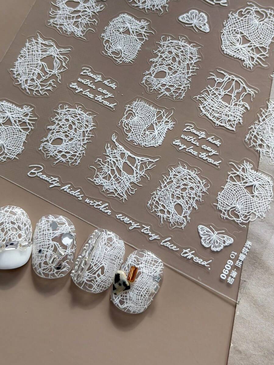 1Sheet White Thin‑Flexible Lace Butterfly Nail Art Stickers, Hollow‑Out Lace & Cursive Quote Text Decals, Nail Supplies For DIY Manicure Decor - White - View 1