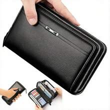 Men's Long PU Leather Clutch Wallet, Zipper Phone Wallet, Large Business Handbag, Multi-Card Slot Card Holder Wallet, Leather Clutch Bag, Large Capacity Business Handbag, Phone Card Slot Storage Box, Coin Purse, Men's Wallet, Long Wallet - Black - View 1