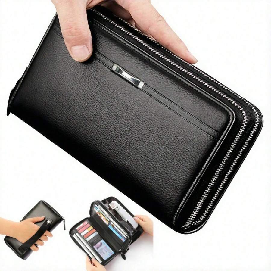 Men's Long PU Leather Clutch Wallet, Zipper Phone Wallet, Large Business Handbag, Multi-Card Slot Card Holder Wallet, Leather Clutch Bag, Large Capacity Business Handbag, Phone Card Slot Storage Box, Coin Purse, Men's Wallet, Long Wallet - Black - View 1