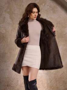 Aliao Autumn/Winter Solid Color Patchwork Lapel Long Sleeve Waist-Cinching Slim Fit Faux Fur PU Leather Coat, Commuter Elegant Faux Fur Jacket - Coffee Brown - View 4