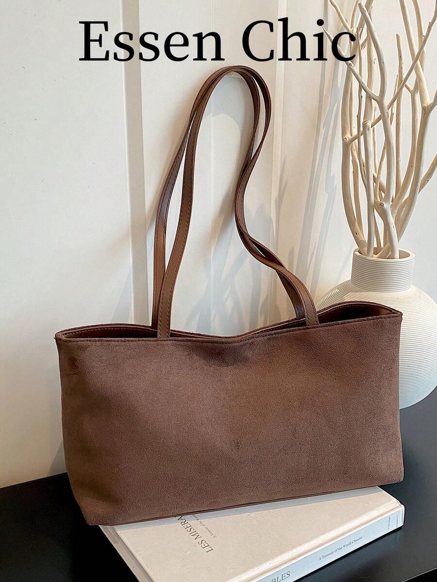 1pc Coffee Brown Large Capacity Faux Suede Tote Bag Women's Shoulder Bag