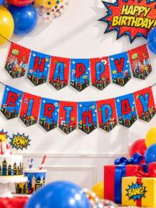 1 Set Happy Birthday Paper Triangle Bunting Banner, City Architecture Grid Pattern Flag Garland, Red & Blue Cartoon Theme Hanging Decoration, Suitable For Birthday Party, Theme Party, Indoor/Outdoor Wall Decor And Photo Backdrop Props - View 1