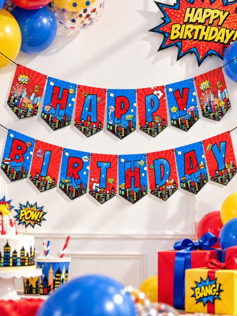 1 Set Happy Birthday Paper Triangle Bunting Banner, City Architecture Grid Pattern Flag Garland, Red & Blue Cartoon Theme Hanging Decoration, Suitable For Birthday Party, Theme Party, Indoor/Outdoor Wall Decor And Photo Backdrop Props - View 1