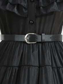 Tween Girl / Tween Girl Black Dress, Lapel Collar, Short Flutter Sleeves, Mesh Patchwork, Multi-Layer Tiered Long Skirt, Children's Black Formal Dress - Black - View 6