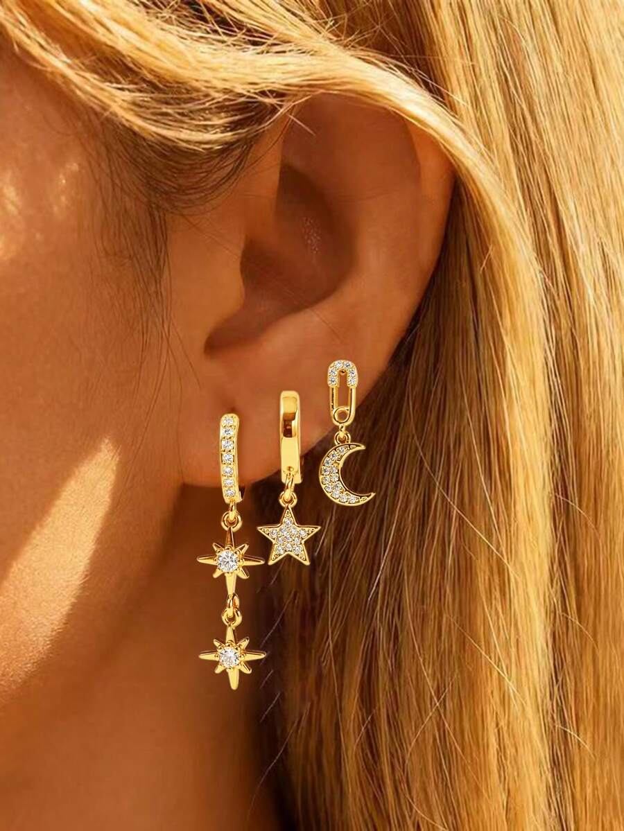 Nooxian 1 Set Women's Earrings, Gold-Plated Copper Base With Rhinestone Star, Moon And Eight-Pointed Star Hoop Earrings, Multi-Pendant Style Women's Jewelry Accessories
