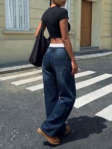 Women's Casual Denim Wide Leg Pants, With Button Pockets And Zipper Details, Non-Stretch Fabric, Suitable For Daily Wear - Navy Blue - View 4