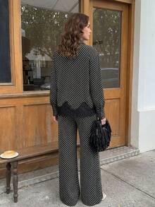 Women's Black Non-Stretch 2 Pieces Set Striped Lapel Long Sleeve Top With Lace Trim And Flare Pants - Black - View 2
