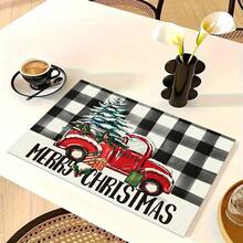 1/4/6pcs Christmas Series Black & White Plaid Red Truck & Christmas Tree Pattern Printed Placemats, Heat Resistant Table Mats For Home Kitchen/Dining Table Protection, Party Scene Decoration - Multicolor - View 12