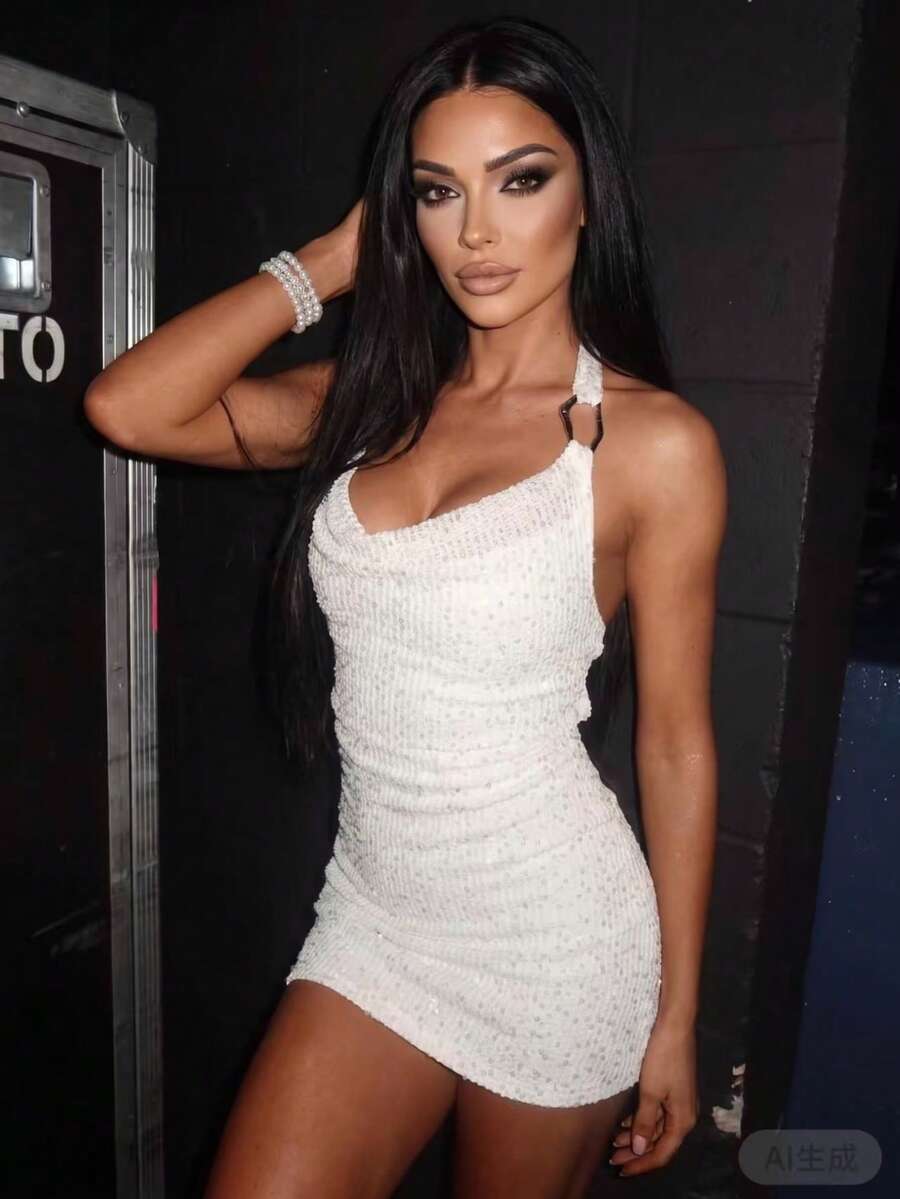 白色亮片提花露背優雅掛脖修身洋裝，女款性感V領迷你派對洋裝緊身裙，NOVELA MINI，適合秋冬、萬聖節、聖誕節、派對季、晚宴場合，FemmeFatale DiscoDiva Metallic Mania 精緻洋裝，節慶氛圍