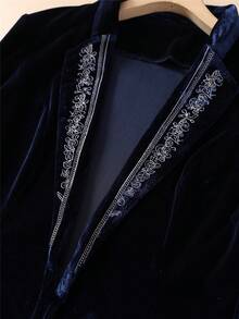 Women's Velvet Blazer Jacket With Floral Embroidery On Collar And Cuffs, Long Sleeve, Slim Fit, Open Front, Versatile Commuter Top For Autumn/Winter - Navy Blue - View 6