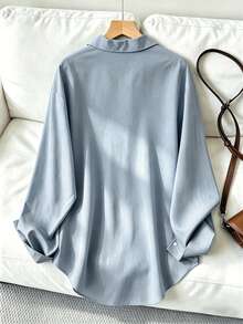 Women's Casual Loose Long Sleeve Shirt, Spring/Autumn - Dusty Blue - View 3