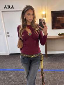ARA Women Boho Beaded Irregular Cutout Long Sleeve Top, Ribbed Slim Fit Ruched Front Back Hollow Out Cropped Shirt, All Season Vintage Y2K Streetwear - Purple - View 1