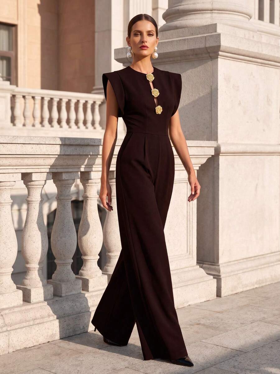 Casual Elegant Minimalist Solid Color Woven Fabric Front Button Zipper Pocket Jumpsuit, Suitable For Office Wear Spring/Summer - Burgundy - View 1
