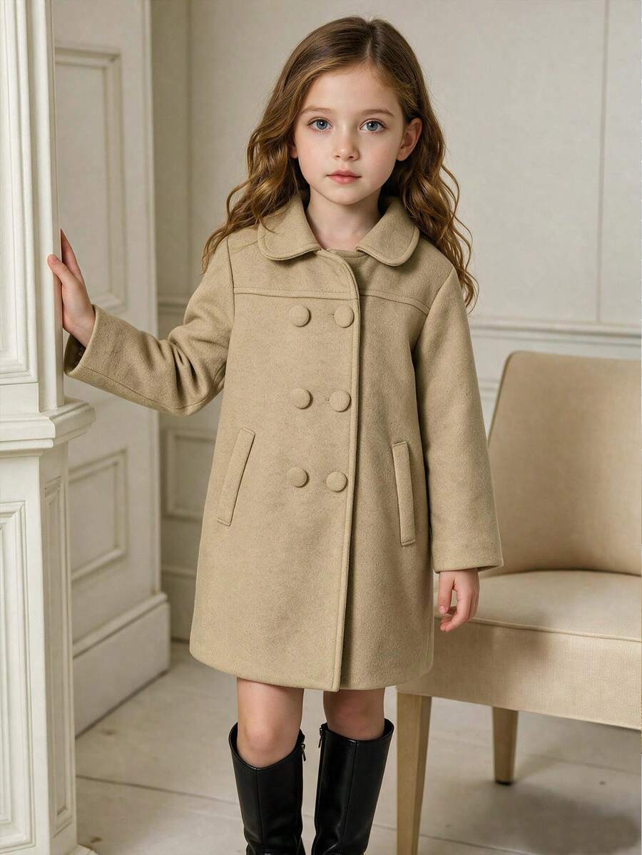 Girls' Casual Fashion Minimalist Lapel Regular Shoulder Long Sleeve Loose Mid-Length Solid Color Wool Blend Coat Winter Jacket - Khaki - View 1