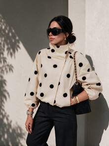 Chaqueta Bomber con Bolsillo de Lunares de Manga Larga y Cuello Alto para Mujer 2026, Estilo Casual Universitario, Otoño/Invierno - Blanco y Negro - Ver 8