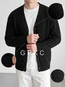 GRKC Men's Loose Cardigan Sweater, Street Style American Casual Lazy Commute Versatile Autumn/Winter - Black - View 2