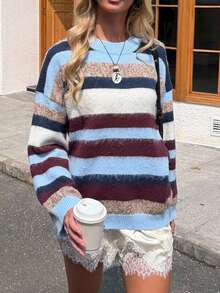 Women Striped Fuzzy Knit Sweater Round Neck Long Sleeve Loose Fit Color Block Pullover Casual Winter Jumper - Multicolor - View 4