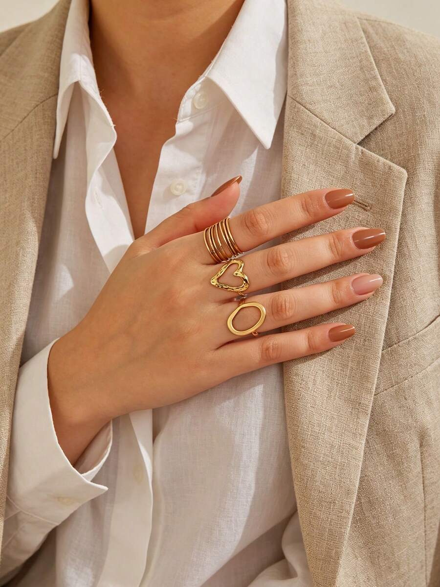 3pcs Stainless Steel Gold Color Personalized Elegant Minimalist Elegant Geometric Oval Line Heart Ring Set Suitable For Women Daily Wear, Festivals And Parties - Multicolor - View 1