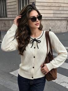 Women's Fall Winter Cream Bow Neck Knit Cardigan, Long Sleeve Diamond Hollow Out Sweater, Button Front Casual Knit Jacket For Daily& Date - Apricot - View 1