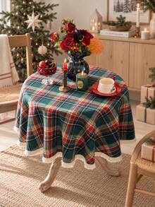 Round Christmas Plaid Tablecloth Red Green Tartan With Tassel Fringe Edge, Scandinavian Style Holiday Dining Table Cover, Cozy Winter Home Decor - Green - View 1