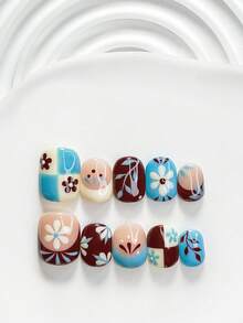 10pcs Handmade Cottage Style Press-On Nails, Polygel Nail Art Set, Daisy Blue & Brown Nails, Artistic Fresh Style, Includes Nail Tools, 3 Sizes Available: Square, Short Square, Almond, Suitable For Party, Dancing, Daily Wear (Handmade Details May Vary) - Multicolor - View 2