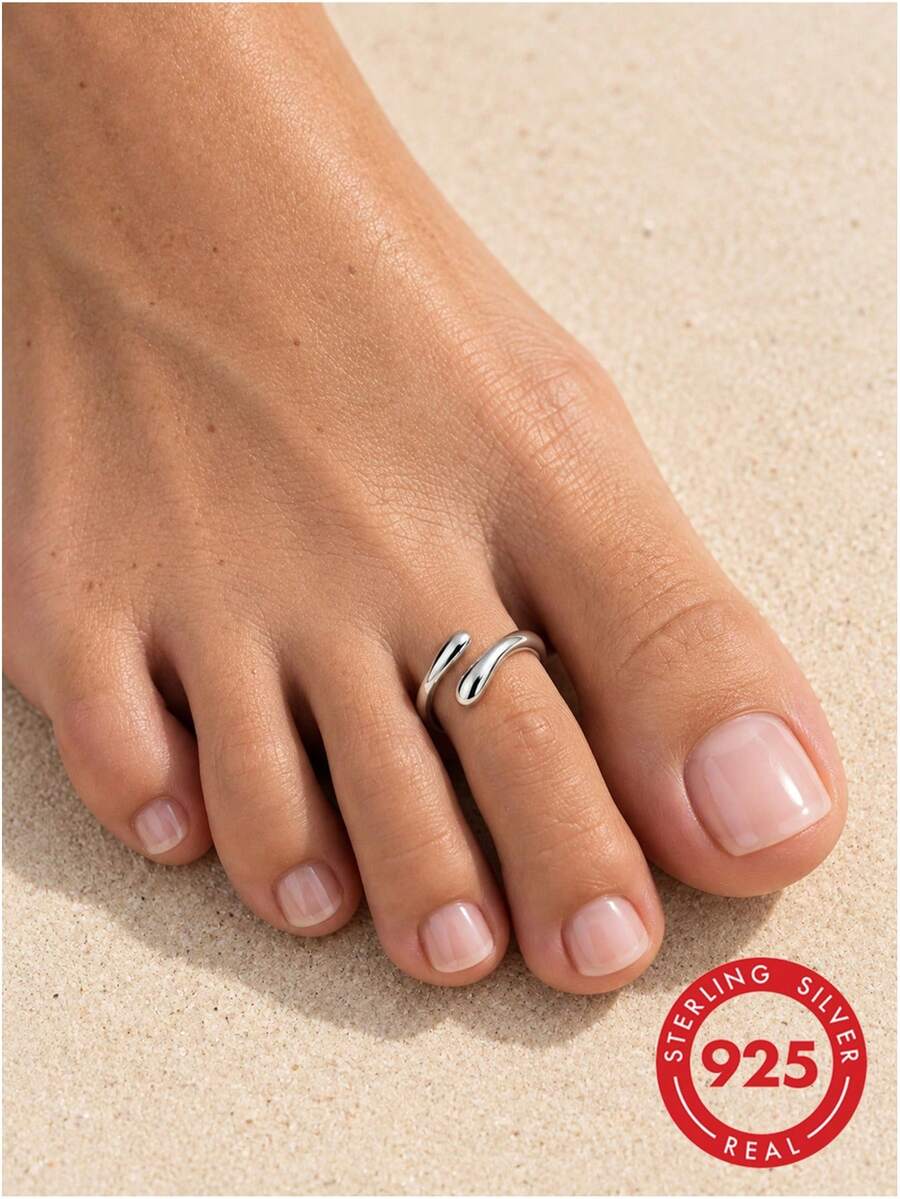 lunastudio 1pc 925 Sterling Silver Water Drop Toe Ring For Women Daily Wear - Silver - View 1