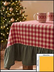 1pc Red And White Plaid Patchwork Green Hem Tablecloth, Country Pastoral Style Fabric Material, Rectangular Red And White Plaid Tabletop With Green Ruffle Edge Hem Patchwork Decoration, Beautify And Protect Tabletop Function, Holiday Dining Tablecloth Suitable For Christmas And Winter Holiday Home Decor Scenes - Green - View 11