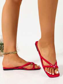 Women's Shiny Red Square Toe Thong Sandals, Flat Cross Strap Flip Flops, Simple Beach Slippers, Summer New Style - Red - View 5