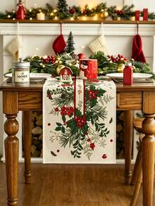 1pc Christmas Table Runner - Holly Pine Cone Leaves Floral Design, Polyester Woven Rectangular Table Decor For Home And Party Seasonal Winter Kitchen Dining Decoration - Green - View 4