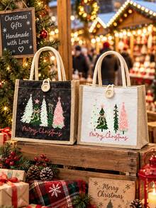 Christmas Printed Linen Tote Bag, Reusable Printed Women's Tote Bag, Large Capacity Shoulder Bag,For Friends And Best Friends, Gift For Teachers - Multicolor - View 7