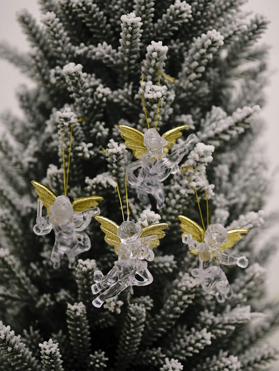 4pcs Clear Acrylic Angel Christmas Ornaments,Golden Wing Cherub Hanging Pendants For Xmas Tree Decor Transparent Angel Pendants For Christmas Tree - Multicolor - View 1