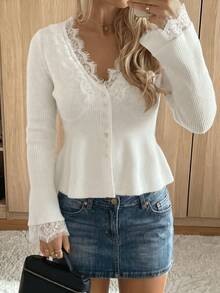 Women's Autumn/Winter Lace Trim Ruffle Hem Ribbed Knit Cardigan, Casual Daily Long Sleeve Vacation Outfit, Elegant Slim Fit Top - White - View 6