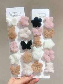 10入隨機復古純色毛絨髮夾 可愛兔子/熊/花朵/蝴蝶/星星側夾瀏海夾 甜美女孩髮飾 日常穿搭派對頭飾 - 彩色 - 查看 7