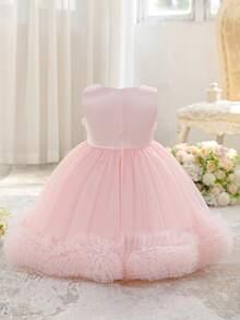 Baby Girls' 3D Rose Tulle Tank Princess Dress With Mesh Ruffle Design, Suitable For Flower Girl, Birthday Party, Performance And Other Occasions - Pink - View 2