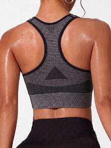 Women's Grey Heather Seamless Knit High Elastic U-Neck Racerback Sports Tank Top Gym Fitness Workout Sleeveless Cropped T-Shirt - Grey - View 2