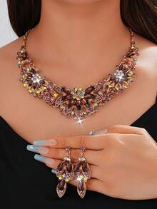3pcs/Set Minimalist Exaggerated Design Zinc Alloy Rhinestone Inlaid Women's Necklace Set, Suitable For Party Evening Dress And Bridal Accessories - Silver - View 4
